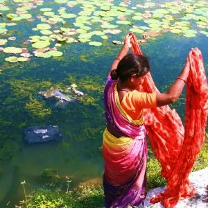 Femme Indienne en sari coloré au bord de l'eau en Inde du sud