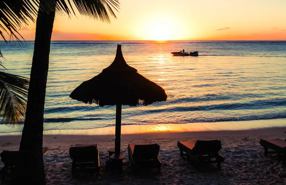 Palmier et parasol sur une plage de sable au coucher de soleil à l'Ile Maurice