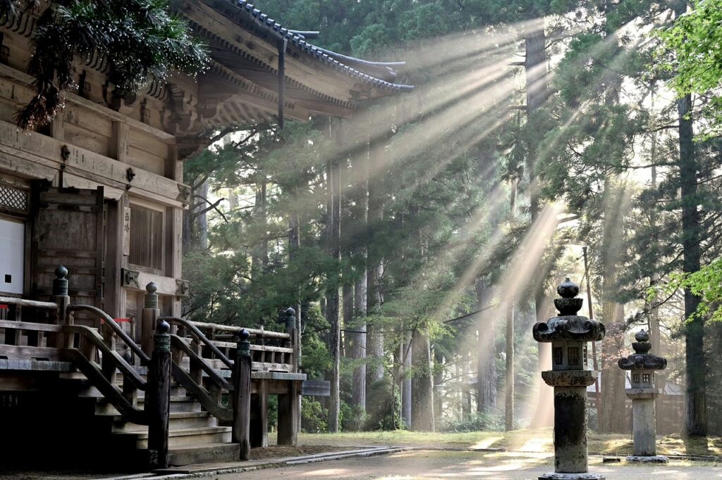 Temple en bois, rayons de soleil à travers la forêt, Mont Koya, Wakayama, Japon