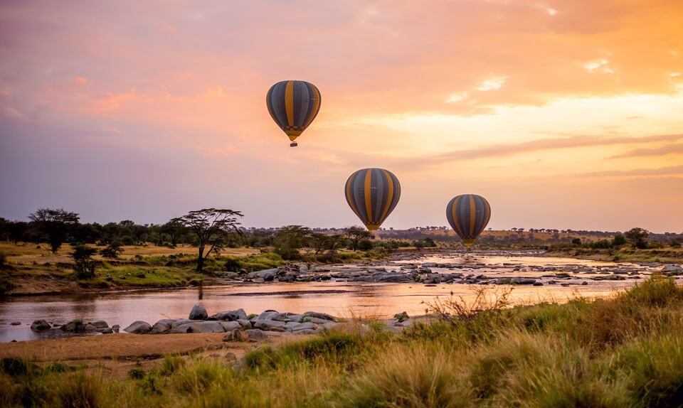 montgolfières décollant du parc Serengeti pendant un coucher de soleil, Tanzanie 