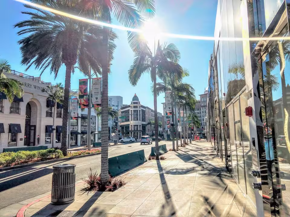 les rayons du soleil derrière les palmiers de la rue Rodeo Drive, Los Angeles.