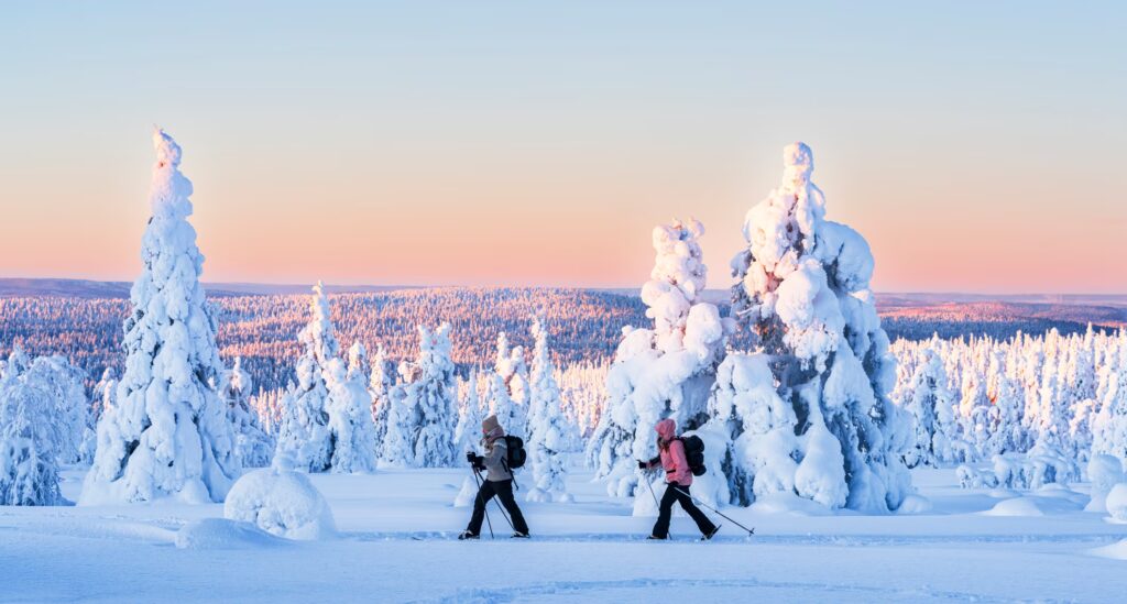 Deux femmes faisant du ski de fond dans un beau paysage de forêt sous la neige, en Finlande
