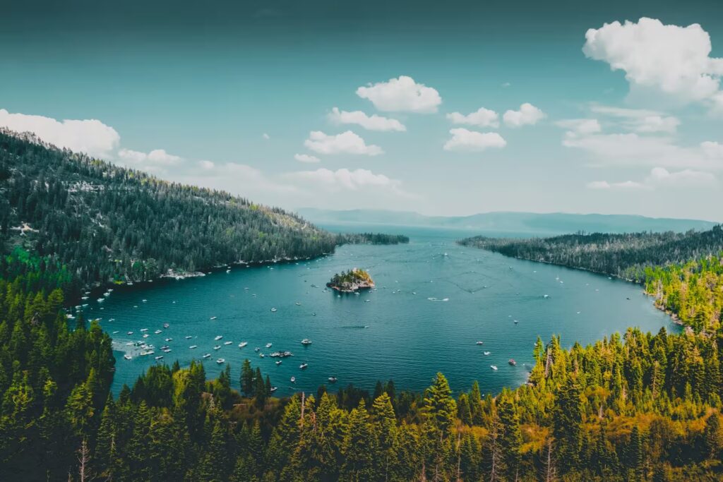 prise de vue en hauteur du Lake Tahoe entouré de sapins vert, Californie