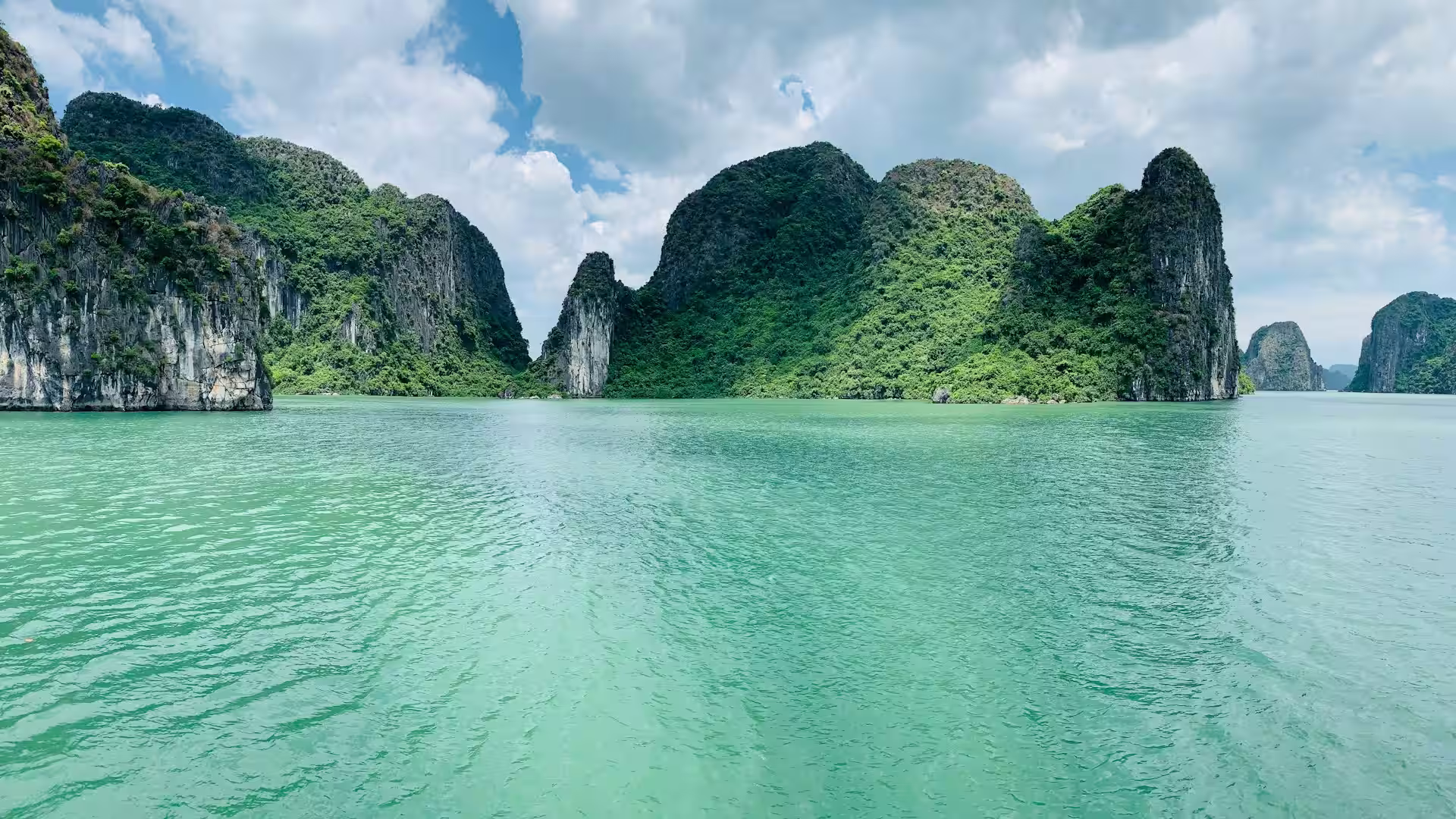 Collines pains de sucre recouverts de végétation sur une mer aux eaux vertes dans la baie d'Halong, Vietnam