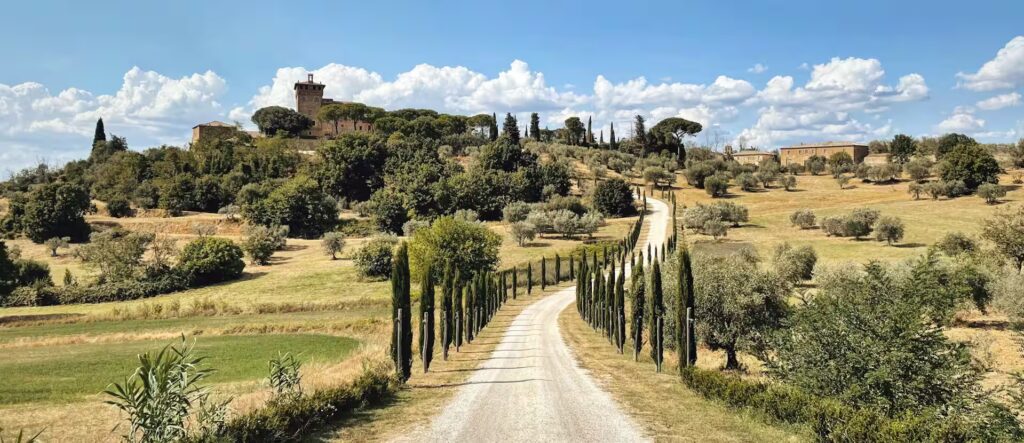 paysage de la campagne toscane, route bordée de cyprès montant vers un ancien palais, Pienza, Sienne, Italie
