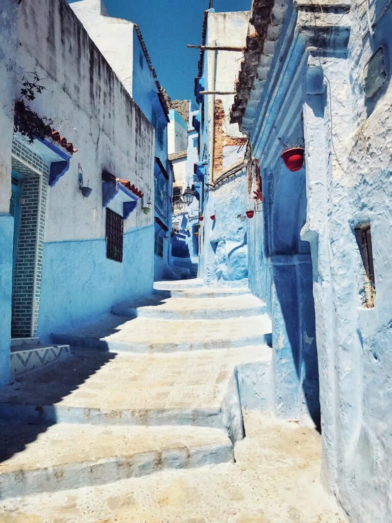 Ruelle montante, pietonne et bordée de maisons plus ou moins bleues claires