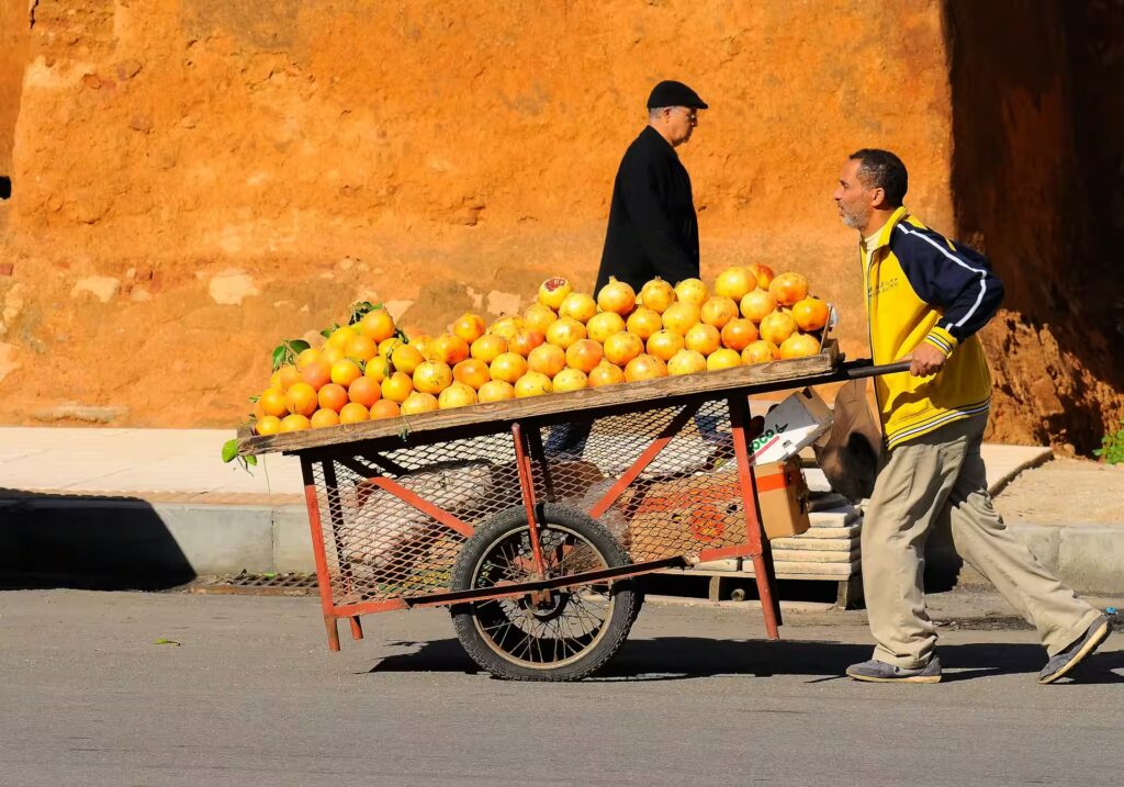 Homme dans la rue poussant son étal d'orange et grenade sur un chariot