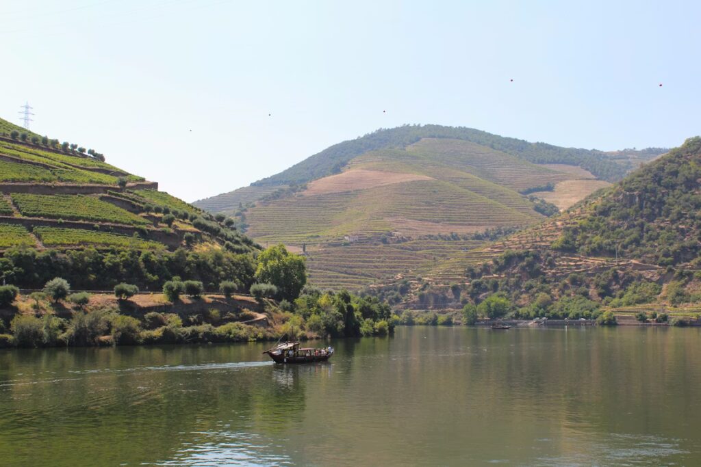 Fleuve traversant des collines recouvertes de végétation et de cultures, bateaux naviguants