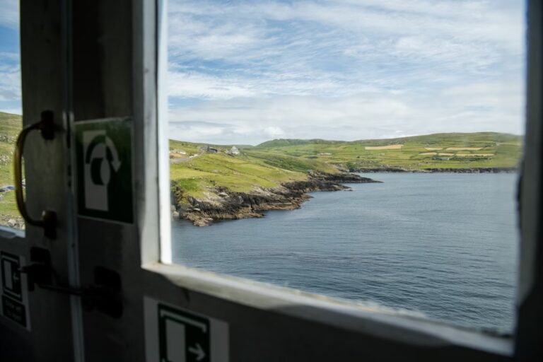 Vue d'une fenetre de train sur la mer et la côte recouverte de verdure