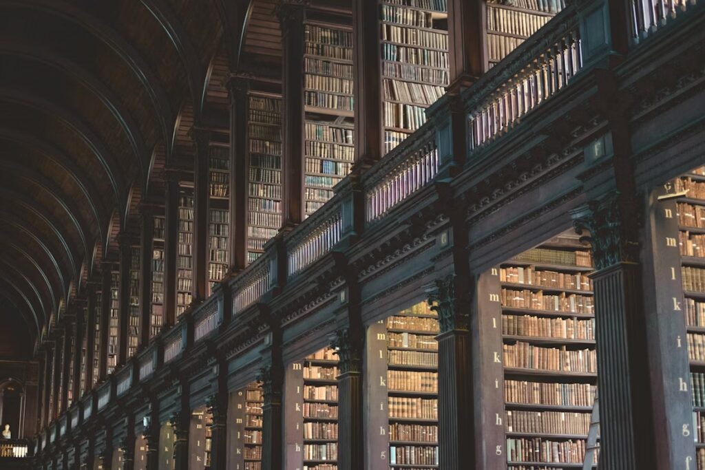 Murs, colonnes, et balustrades en bois, bibliotheques remplies de livres