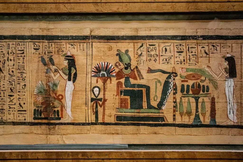 Fresque murale sur du papyrus, peintures et hyeroglyphes