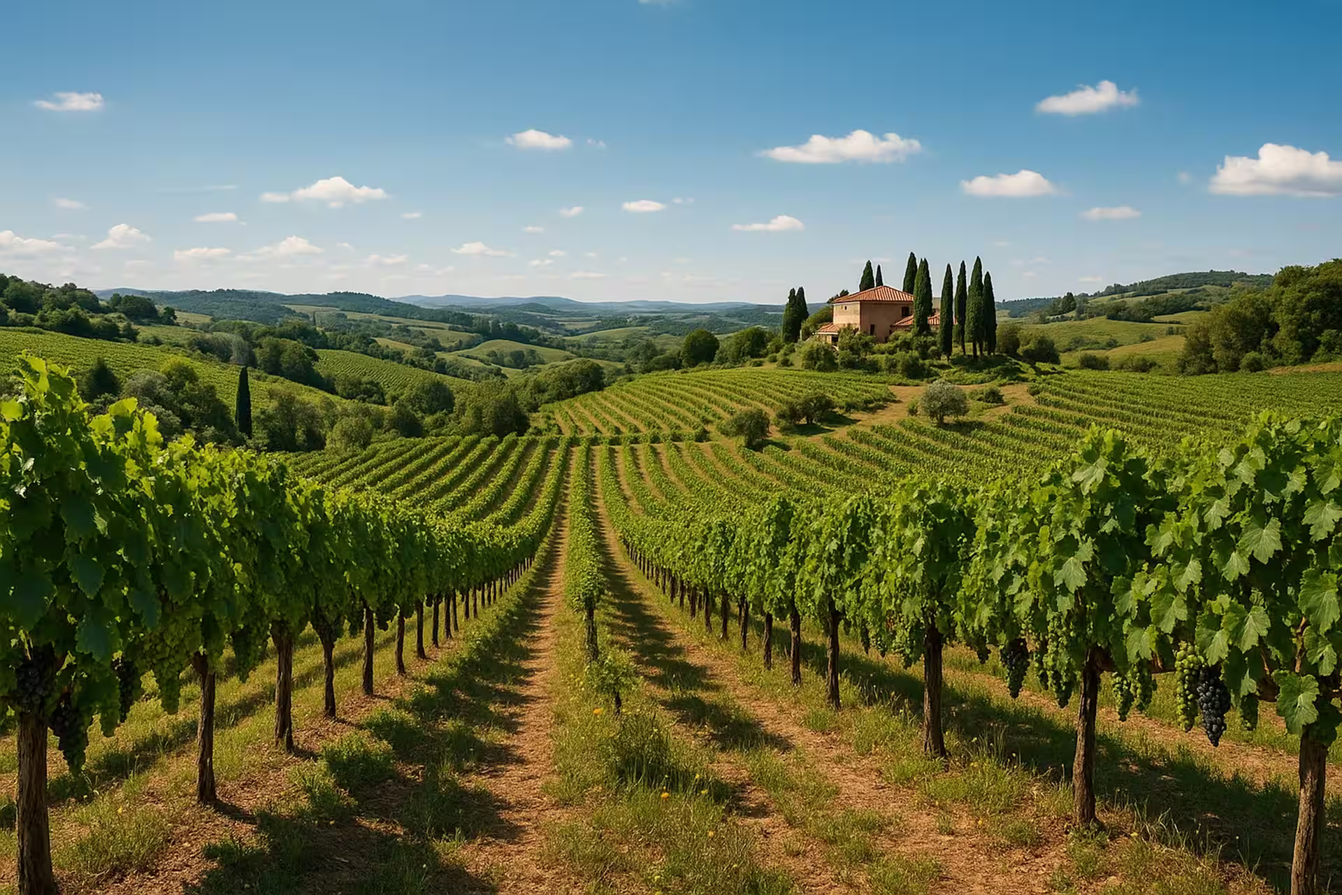 Champs de vignes, collines vertes, ciprès et maison
