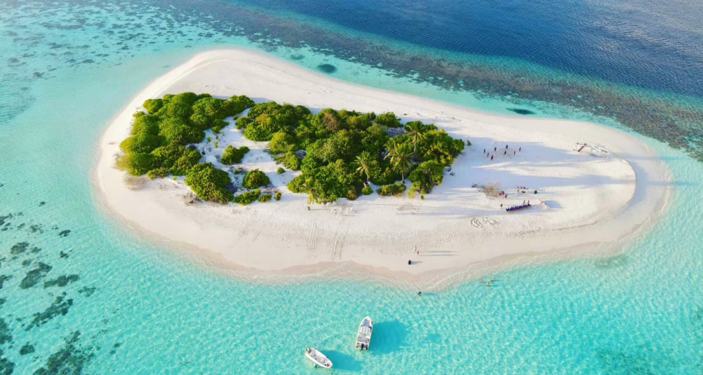 Vue aérienne d'une petite île, sable blanc et palmiers entourés d'eaux turquoise, Maldives