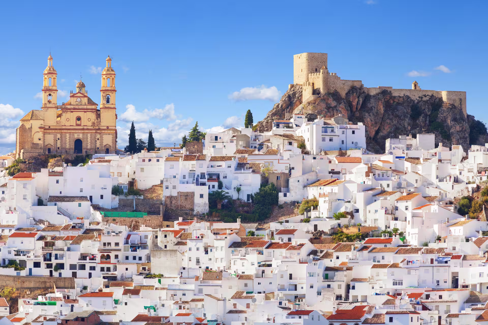 village de maisons blanches dominé par une église et un chateau sur un promontoire, Cadix, Espagne